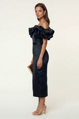 Off the Shoulder Black Ruffled Bodycon Work Dress