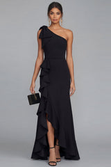 One Shoulder Black Mermaid Bowed Formal Dress with Ruffles