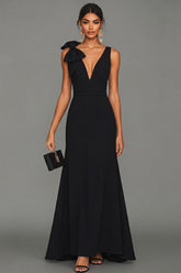 Black Mermaid Bowed V Neck Maxi Formal Dress
