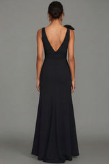 Black Mermaid Bowed V Neck Maxi Formal Dress