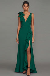 Dark Green Mermaid Bowed V Neck Formal Dress with Ruffles