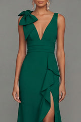 Dark Green Mermaid Bowed V Neck Formal Dress with Ruffles
