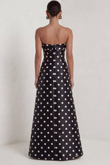 Strapless Black White A Line Polka Dot Maxi Formal Dress