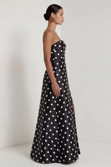 Strapless Black White A Line Polka Dot Maxi Formal Dress