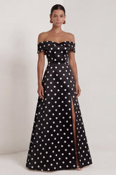 Off the Shoulder Black White Polka Dot A Line Maxi Formal Dress
