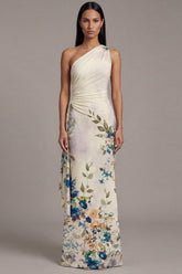One Shoulder Cut Out Printed Ivory Maxi Formal Dress