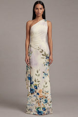 One Shoulder Cut Out Printed Ivory Maxi Formal Dress