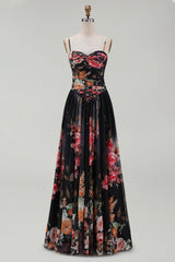 Black A Line Printed Ruched Maxi Formal Dress