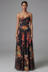 Black A Line Printed Ruched Maxi Formal Dress