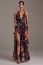 Halter Black A Line Printed Ruched Formal Dress