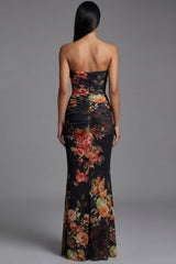 Strapless Ruched Black Mermaid Floral Formal Dress