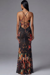 Mermaid Ruched Black Cut Out Floral Formal Dress