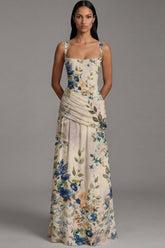 Ivory Ruched A Line Printed Maxi Formal Dress