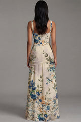 Ivory Ruched A Line Printed Maxi Formal Dress