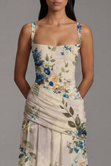 Ivory Ruched A Line Printed Maxi Formal Dress