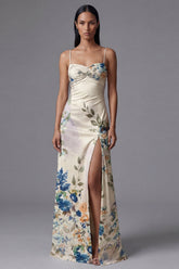 Ivory Ruched Printed A Line Maxi Formal Dress