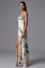 Ivory Ruched Printed A Line Maxi Formal Dress