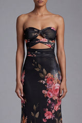 Strapless Mermaid Ruched Black Cut Out Floral Formal Dress