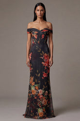 Off the Shoulder Cut Out Mermaid Black Floral Formal Dress