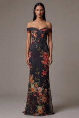 Off the Shoulder Cut Out Mermaid Black Floral Formal Dress
