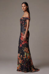 Off the Shoulder Cut Out Mermaid Black Floral Formal Dress