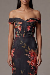 Off the Shoulder Cut Out Mermaid Black Floral Formal Dress