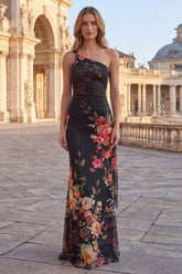 One Shoulder Cut Out Black Floral Mermaid Formal Dress