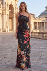 One Shoulder Cut Out Black Floral Mermaid Formal Dress