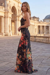 One Shoulder Cut Out Black Floral Mermaid Formal Dress