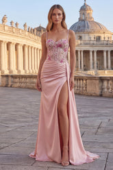 Pink Corset Mermaid Appliqued Prom Dress with Side Cape
