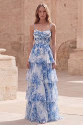 Tiered Blue Floral Corset Maxi Prom Dress