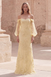 Off the Shoulder Yellow Mermaid Appliqued Maxi Prom Dress