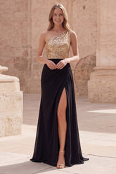 Gold and Black One Shoulder Sequin Maxi Prom Dress