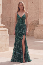 Sparkly Dark Green Mermaid Appliqued Maxi Prom Dress with Slit