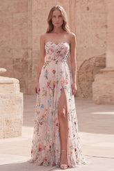 Ivory Floral Strapless A Line Ruched Maxi Prom Dress