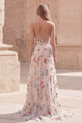 Ivory Floral Strapless A Line Ruched Maxi Prom Dress