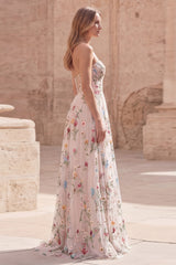 Ivory Floral Strapless A Line Ruched Maxi Prom Dress