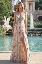 Ivory Floral Ruched A Line Maxi Prom Dress with Slit