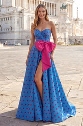Strapless A Line Blue Polka Dot Prom Dress with Bow