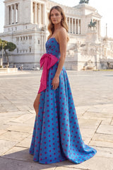 Strapless A Line Blue Polka Dot Prom Dress with Bow