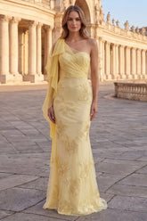 One Shoulder Yellow Mermaid Appliqued Prom Dress