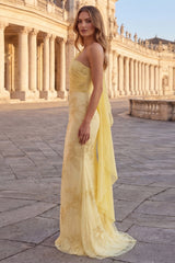 One Shoulder Yellow Mermaid Appliqued Prom Dress