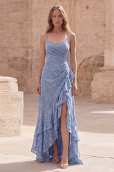 Jacquard Dusty Blue Ruffled Ruched Maxi Prom Dress