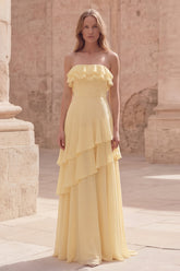 Strapless Ruffled Yellow A Line Maxi Prom Dress