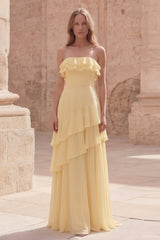 Strapless Ruffled Yellow A Line Maxi Prom Dress