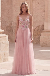 Pink A Line Appliqued Tulle Maxi Prom Dress