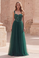 Dark Green Tulle A Line Appliqued Maxi Prom Dress