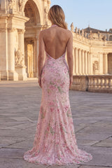 Halter Pink Sequin Mermaid Appliqued Maxi Prom Dress