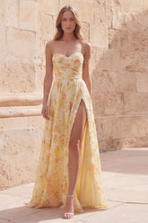 Strapless Printed Ruched Yellow A Line Prom Dress