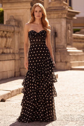 Tiered Strapless Polka Dot Black Corset Prom Dress